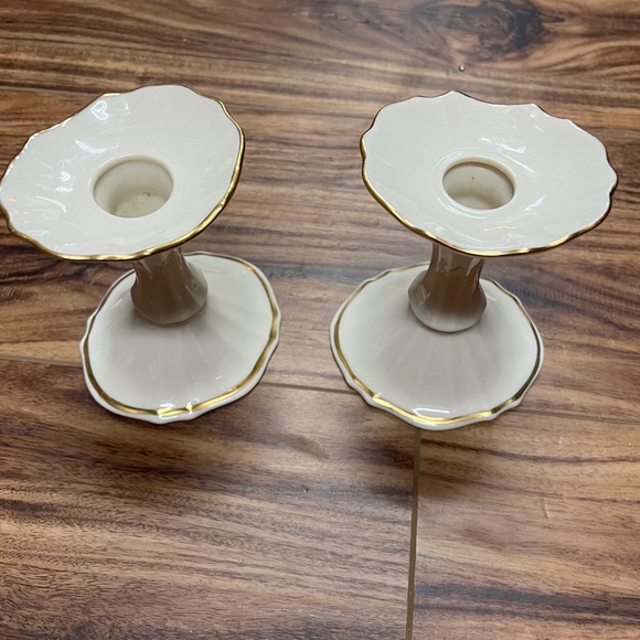 LENOX pair of Symphony Candle Holders, Ivory Gold Trim, Lenox Candlesticks - Picture 1 of 7